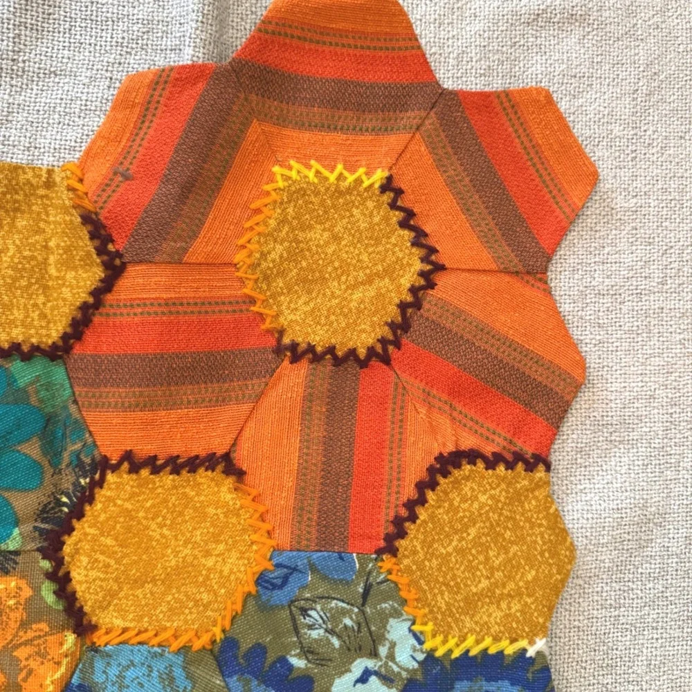 Vintage Handmade Patchwork Hexagon Table Runner Boho Cottagecore. 70s-80s